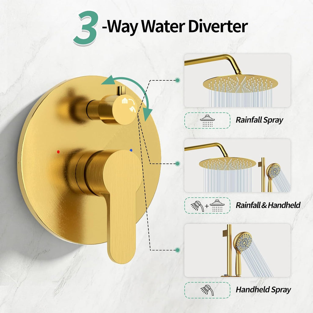 SR SUN RISE 12 Inch Brushed Gold Shower System, Wall-Mount Adjustable 16-Inch Slide Bar with 6-Function Hand Shower Faucet Included Valve and Trim Kit