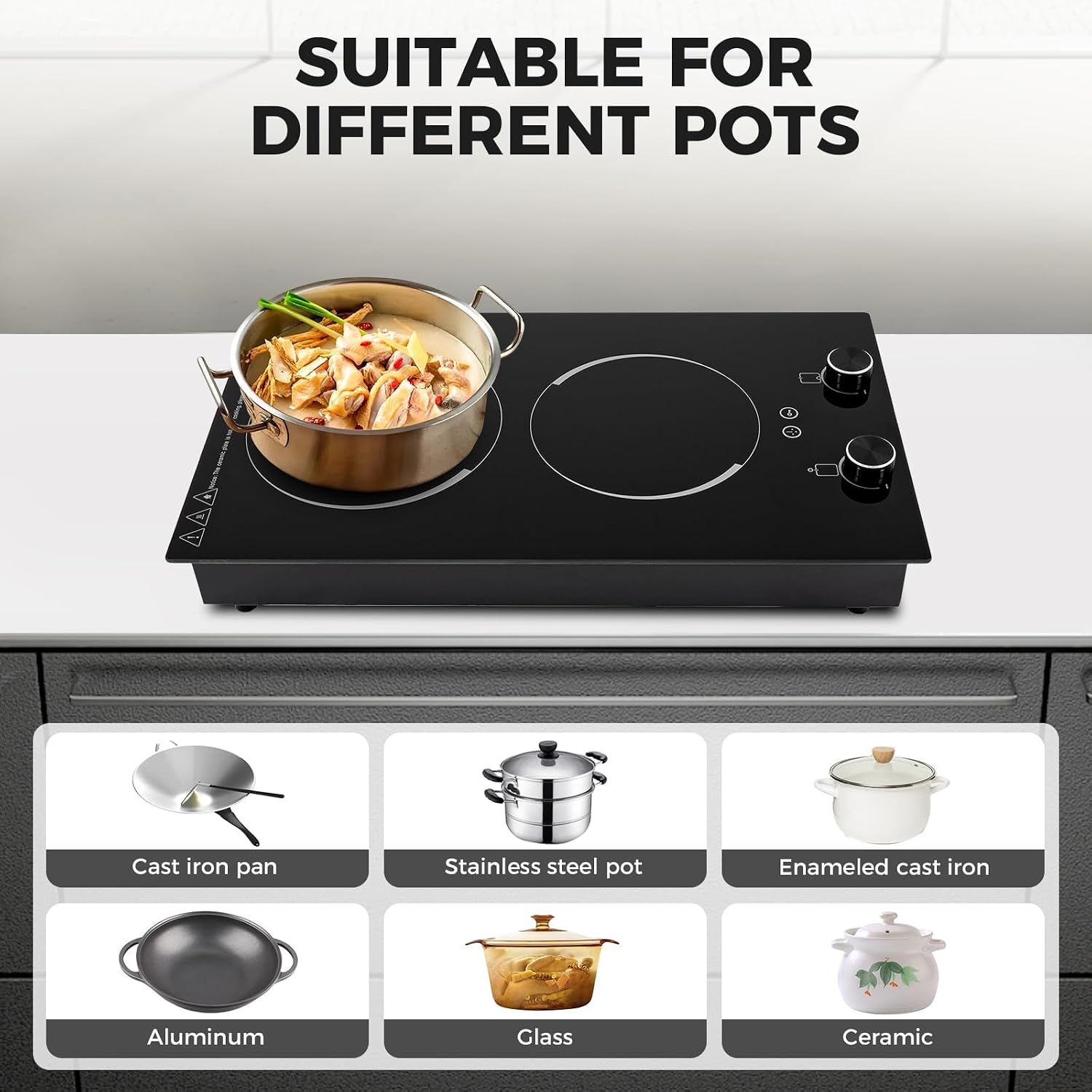 Electric Cooktop, 110-120V 2100W Electric Stove Top with Knob Control, 9 Power Levels, Lock & Timer,Built-in Radiant Double Induction Cooktop Stove for Home Dorm Office, Camping (Black)