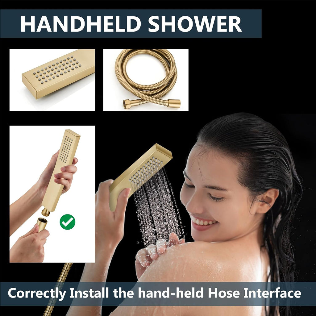 Aolemi Ceiling Mount Shower System Rain Shower Head with Handheld Spray High Pressure Shower Faucet Set Rough-in Valve Shower Trim Kit Included Bathroom Brused Gold 12 Inch Ceiling Shower Head