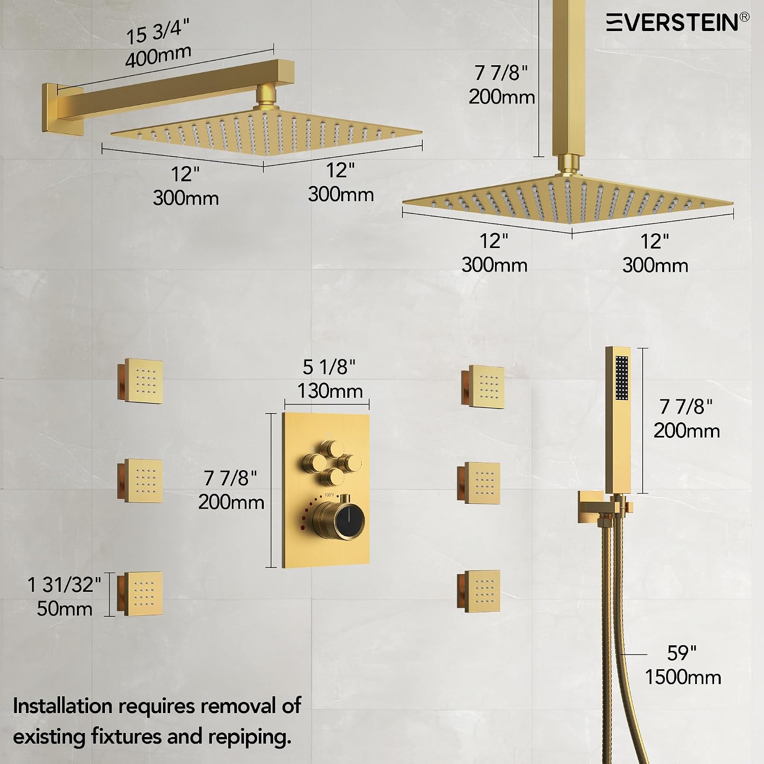 12' High-Pressure Rainfall Shower Faucet with Valve for Bathroom, Dual Rainfall Shower Head System with 6 Body Jets, Rough in-Valve (Brushed Gold)