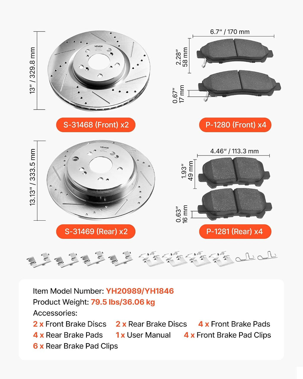 VEVOR Front and Rear Brake Kit Compatible with 2007-2013 Acura MDX, 2010-2013 Acura ZDX, 2009-2014 Honda Pilot, Drilled and Slotted Brake Rotors Ceramic Brake Pads Replacement Kit, 13 in (Front)