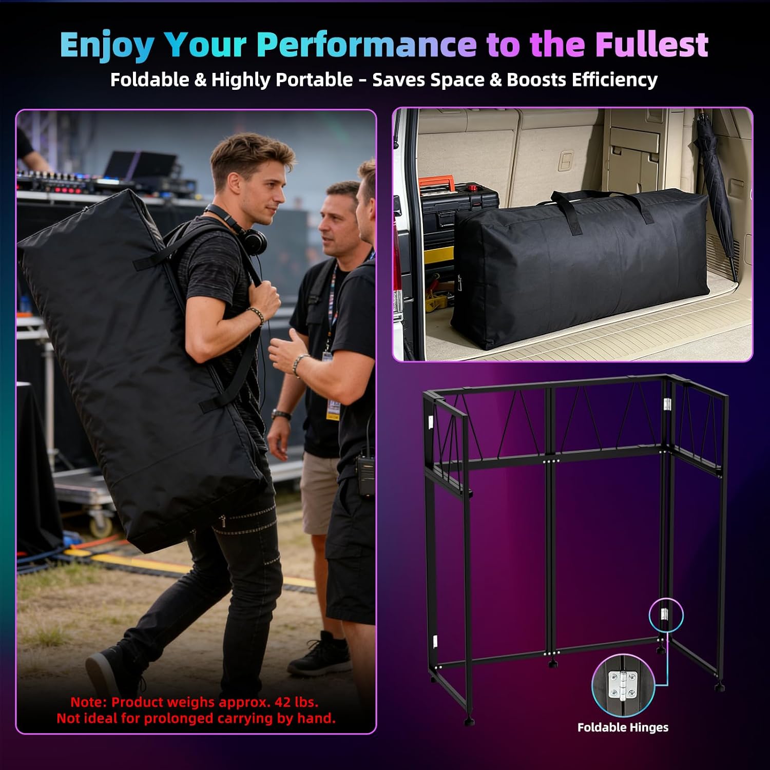 Portable DJ Table Stand, Tool-Free Setup Foldable 40' x 20' DJ Stand Booth w/ 2 Top Trays, Black & White Scrims, 4IN Adjustable Leveling Feet, 5 Cable Holes and Carry Bag, for Parties, Events, Studios