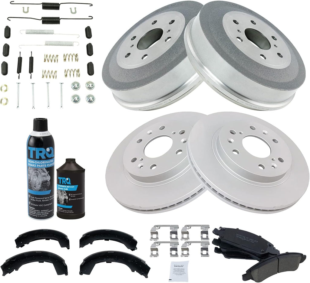 TRQ Front Ceramic Brake Pad Coated Rotor Rear Drum Shoe & Hardware Kit w/Fluids Compatible with 2009-2013 Chevrolet Silverado 1500 GMC Sierra 1500