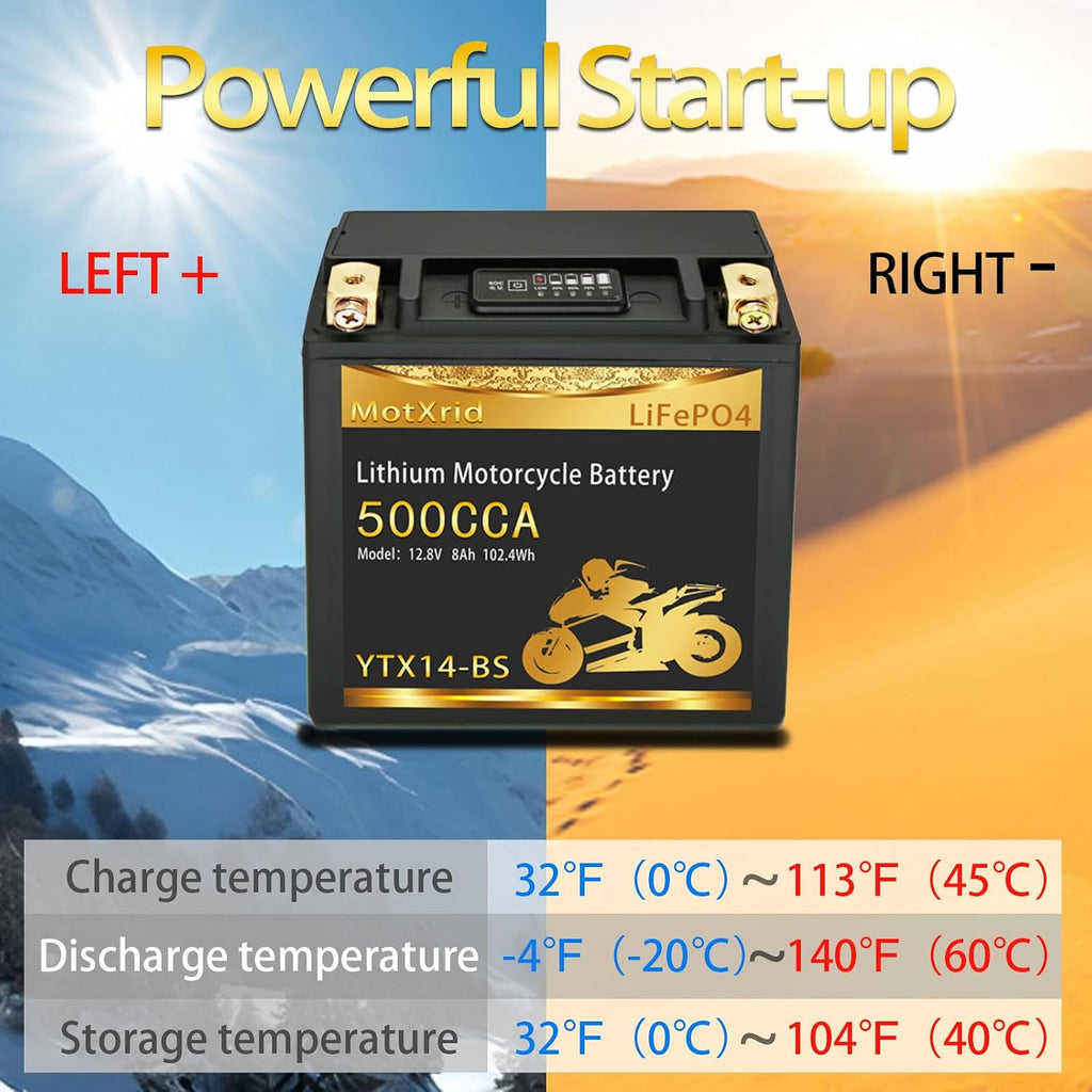 YTX14-BS[+,-]12V 8AH 500CCA Lithium battery LiFePO4 Powersport Start Motorcycle Battery,longevity,lightweight,High cranking,Intelligent BMS,Digital Readout