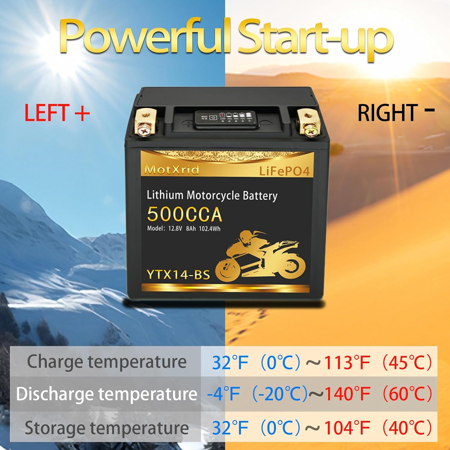 YTX14-BS[+,-]12V 8AH 500CCA Lithium battery LiFePO4 Powersport Start Motorcycle Battery,longevity,lightweight,High cranking,Intelligent BMS,Digital Readout