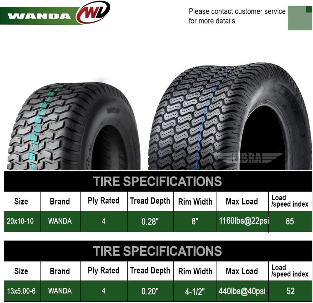 WANDA Set 4 Lawn Mower Turf Tires 13x5-6 Front & 20x10-10 Rear /4PR -13106/13041