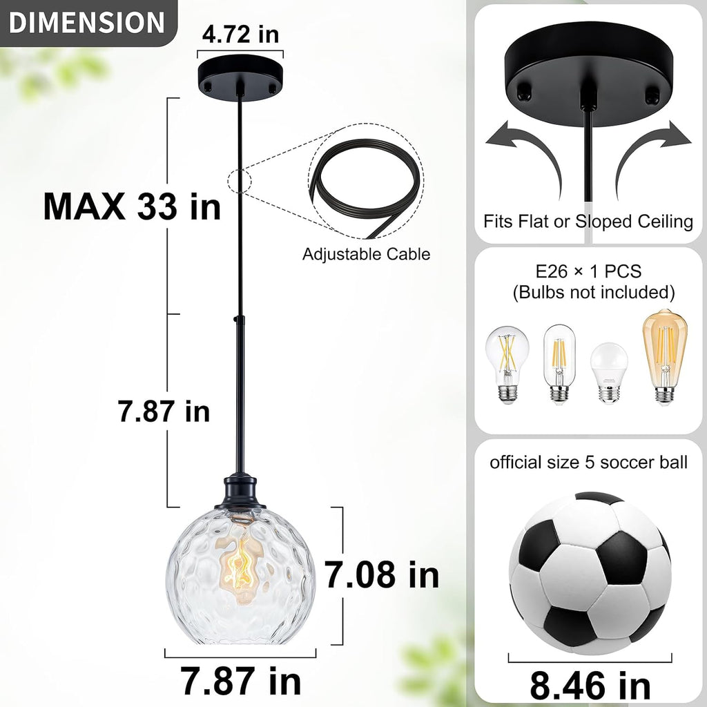 Globe Pendant Light Fixtures, 2 Pack Glass Black Pendant Lights Kitchen Island with 7.8' Clear Hammered Glass, Adjustable Hanging Island Lights for Kitchen Bathroom Sink Entryway Dining Room