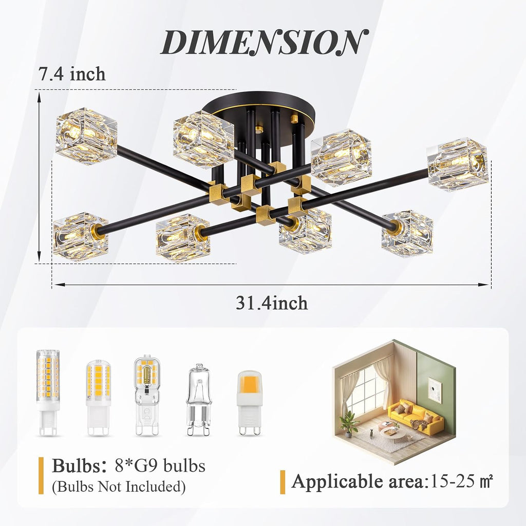 Modern Sputnik Ceiling Light Fixture with 8 Light,Black and Gold Semi Flush Mount Ceiling Light,K9 Crystal Chandeliers for Bedroom, Dining Room, Kitchen Island, Living Room