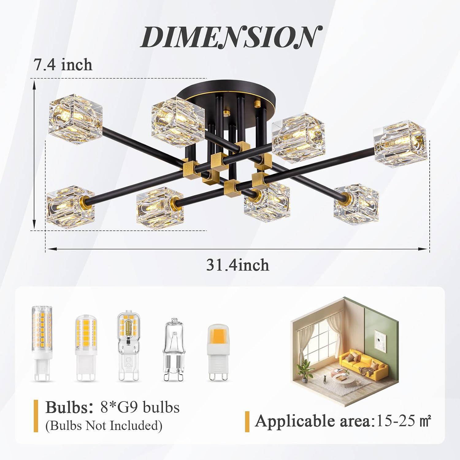 Modern Sputnik Ceiling Light Fixture with 8 Light,Black and Gold Semi Flush Mount Ceiling Light,K9 Crystal Chandeliers for Bedroom, Dining Room, Kitchen Island, Living Room