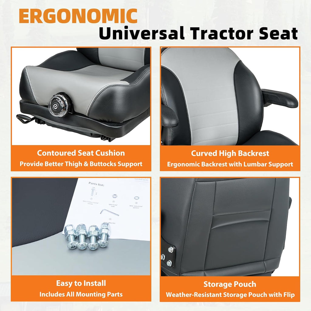 Universal Suspension Seat with Retractable Seatbelt Adjustable Armrests Weight Adjustment for Zero Turn Lawn Mowers & Tractors fits John Deere Scag Bad Boy Ferris Hustler Gravely
