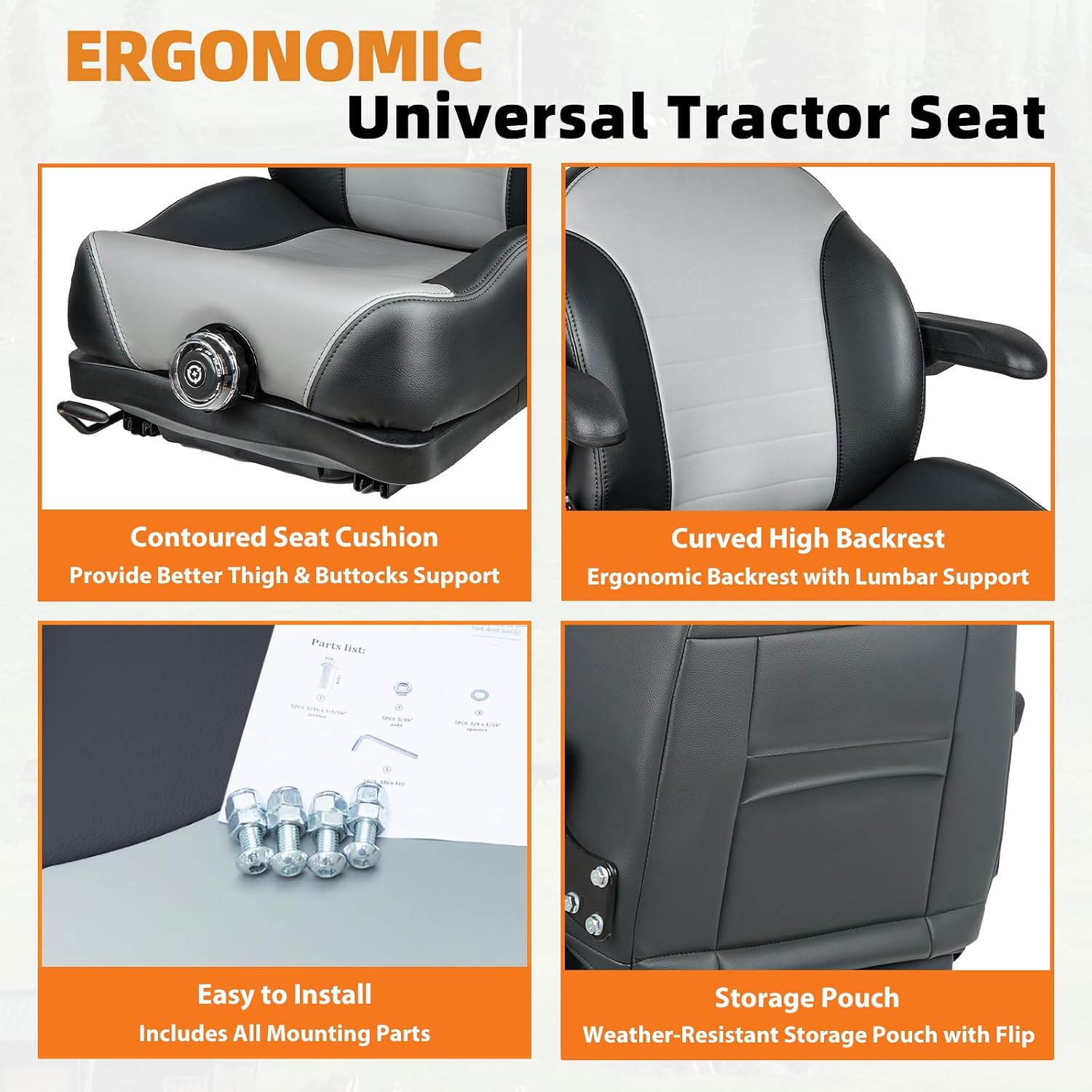 Universal Suspension Seat with Retractable Seatbelt Adjustable Armrests Weight Adjustment for Zero Turn Lawn Mowers & Tractors fits John Deere Scag Bad Boy Ferris Hustler Gravely