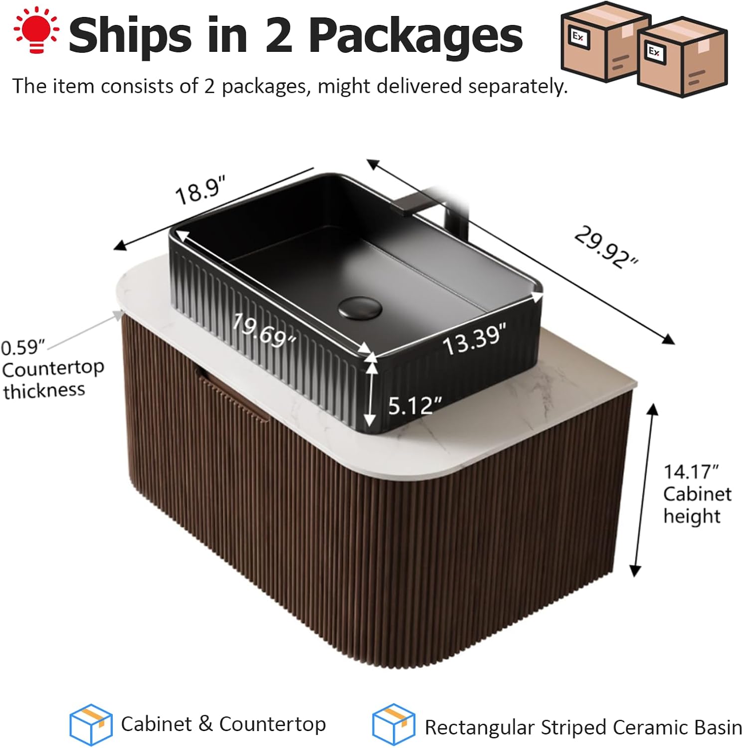 30 inch Floating Bathroom Vanity with Sink, Natural Solid Wood Modern Bathroom Vanities with Ultra-Thin Ceramic Basin and Marble Top, Soft-Close Drawer, Pre-Assembled, Walnut with Black