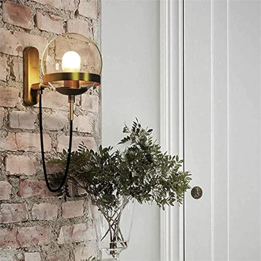 Wall Lamp PostGlass Ball Lights Fixture,E27 Retro Industrial Wrought Iron Mount Sconce Minimalist Aisle Lighting(Gold)