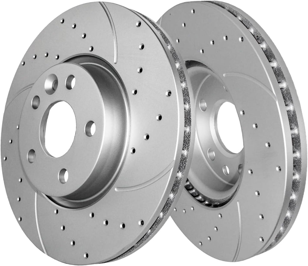 Detroit Axle - Front Brake Kit for 11-18 Volvo S60 08-10 V70 07-16 S80 08-16 XC70 15-18 V60 12-15 Land Rover Range Rover Evoque, Drilled Disc Brake Rotors Ceramic Brakes Pads : 11.81' inch Rotors