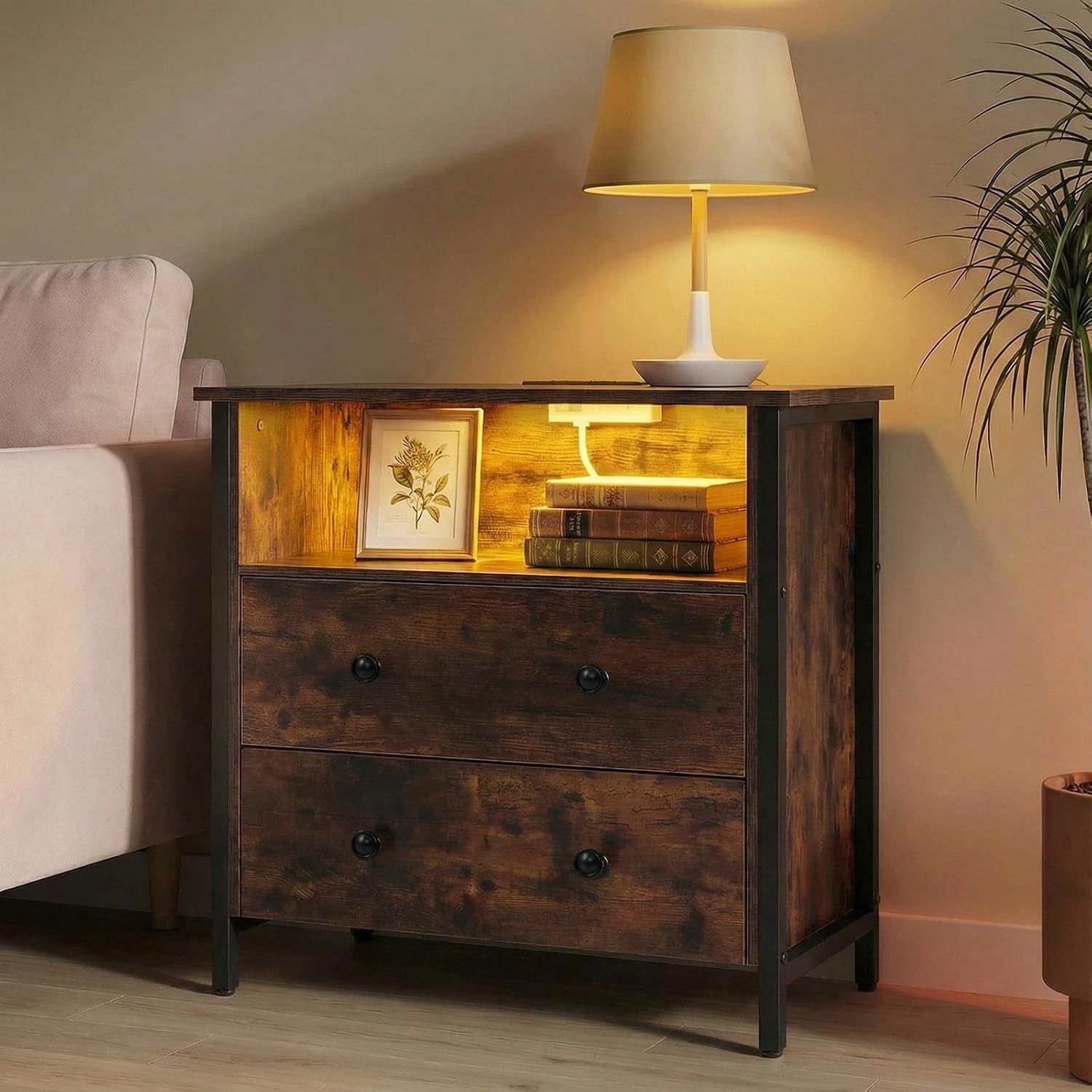27 Inch Wide Night Stand, Large Wood Night Stand with 2 Drawers, LED Nightstand with Charging Station and Adjustable Drawer, Bedside Table for Living Room/Bedroom/Study/Office, Retro.
