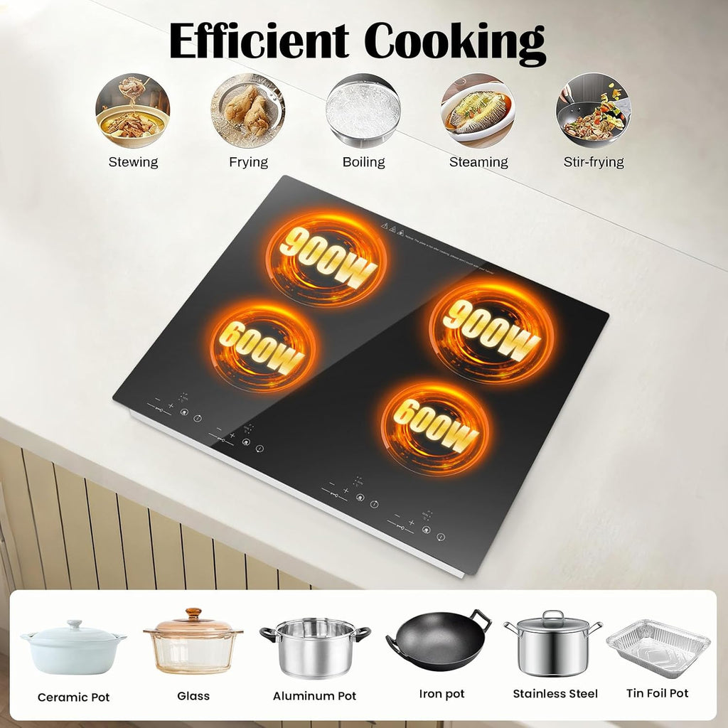 23 Inch Electric Cooktop - 4 Burner 3000W Ceramic Stove Built-in Electric Stove Top w/9 Heating Levels Touch-adjustable Control