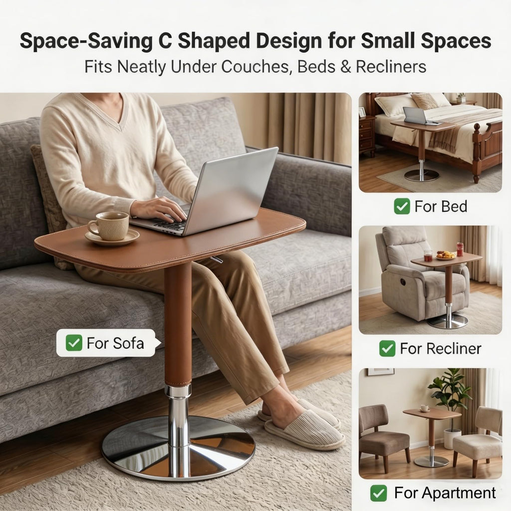 TV Trays for Eating on Couch, Adjustable Height 360° Swivel TV Tray with Saddle Faux Leather Top, Heavy Duty Snack Table for Sofa Bed Recliner, C Shaped Side Table for Laptop Dinner Small Spaces