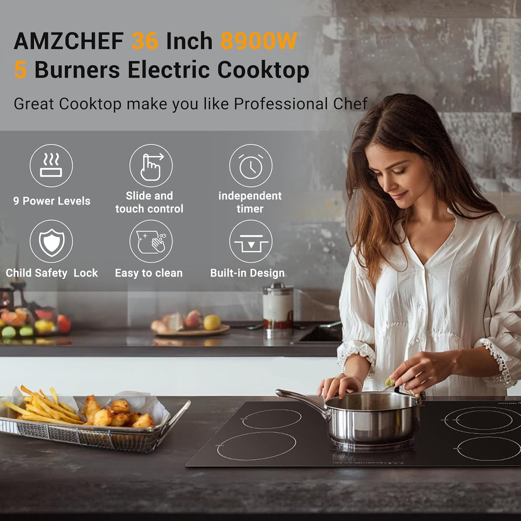 AMZCHEF 36 Inch Electric Cooktop 8900W: 5 Burner Built-in Electric Stove Top with 9 Power Lever, 2 High-Efficiency Burners Timer, Touch Control&Safety Function, Ceramic Stove for Kitchen