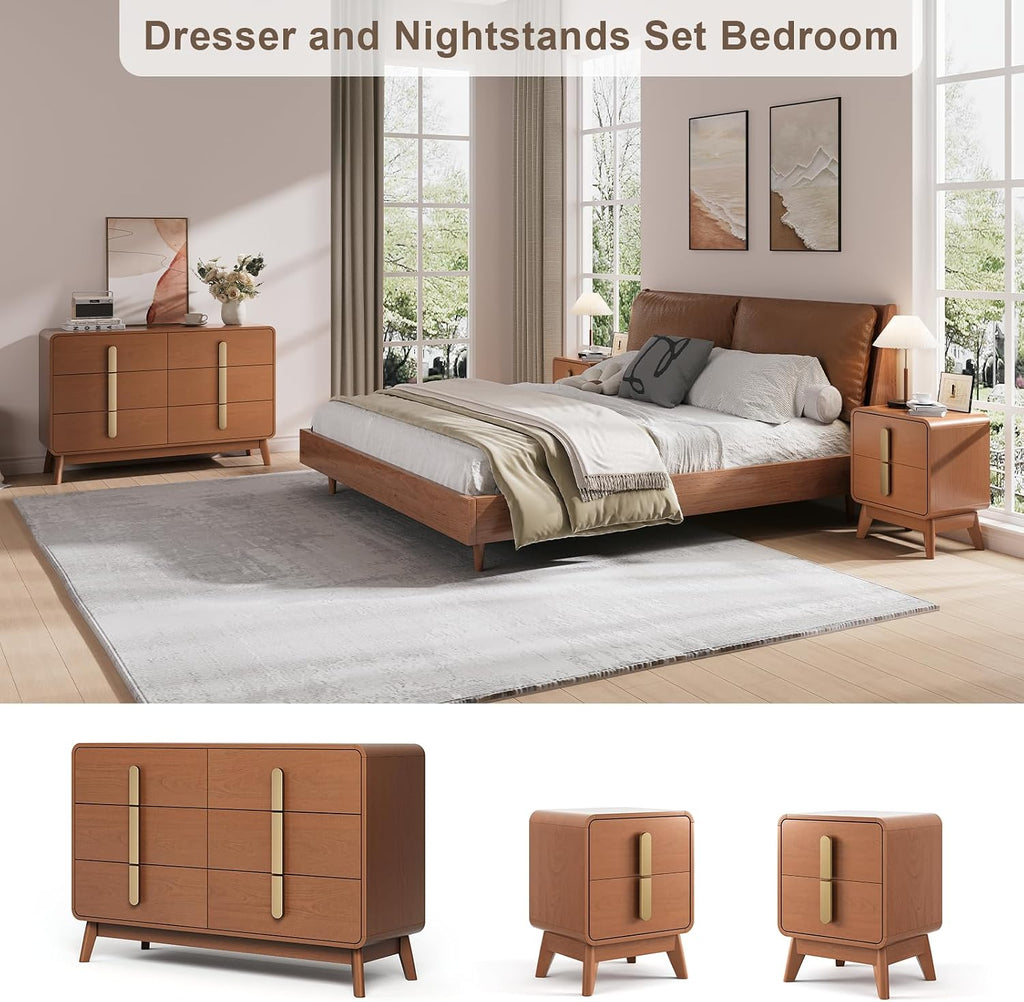 JOINICE Night Stand Set 2, Mid Century Modern Bedside Table with Drawers, Curved Profile Design End Table with Metal Handle, Nightstand Set of 2 with Storage, Bed Side Tables for Bedroom, Cherry