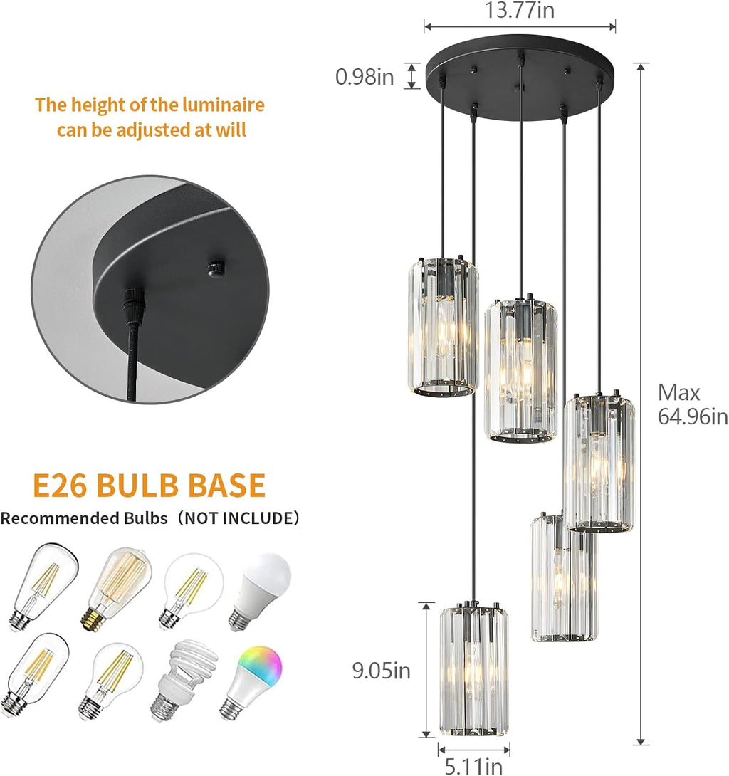 Black Pendant Lighting Modern Pendant Light, Mini Crystal Chandeliers,Adjustable Pendant Light Fixture for Kitchen Island Dinning Room Corridor Bedroom(Gold 5-Light)