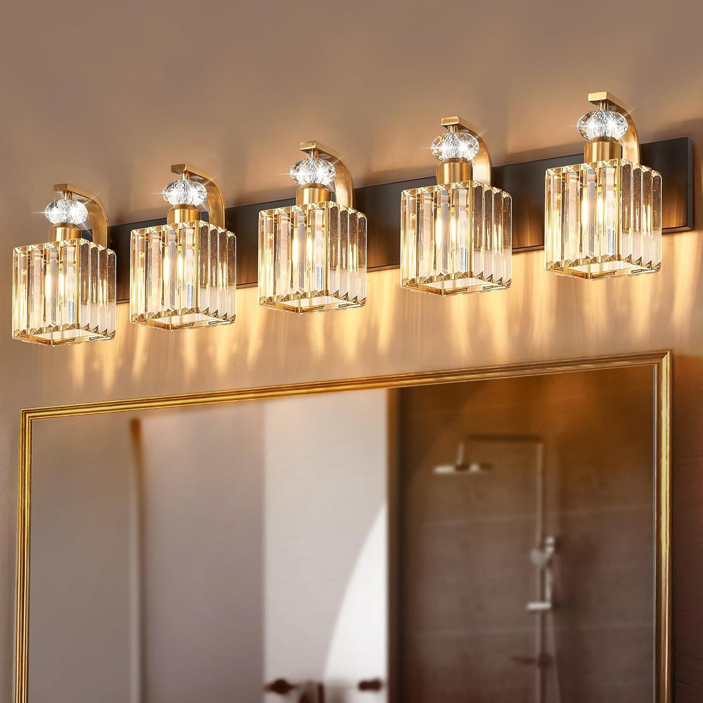Modern Bathroom Vanity Light, 5-Light Black Gold Bathroom Lighting Fixtures Over Mirror, 36.3' Crystal Wall Light Sconce for Bathroom/Bedroom/Vanity, Includes LED Bulbs, Easy Installation