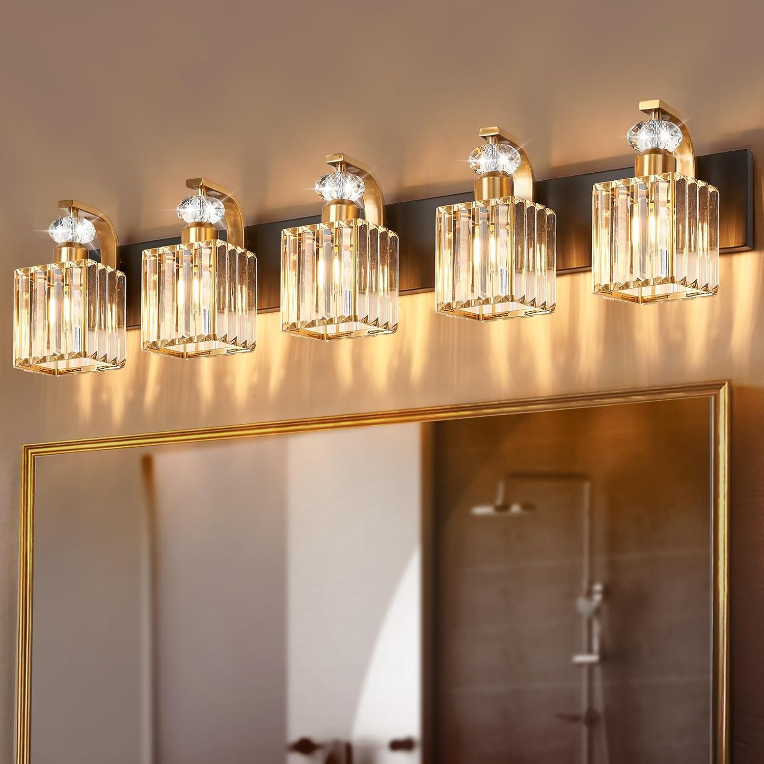 Modern Bathroom Vanity Light, 5-Light Black Gold Bathroom Lighting Fixtures Over Mirror, 36.3' Crystal Wall Light Sconce for Bathroom/Bedroom/Vanity, Includes LED Bulbs, Easy Installation