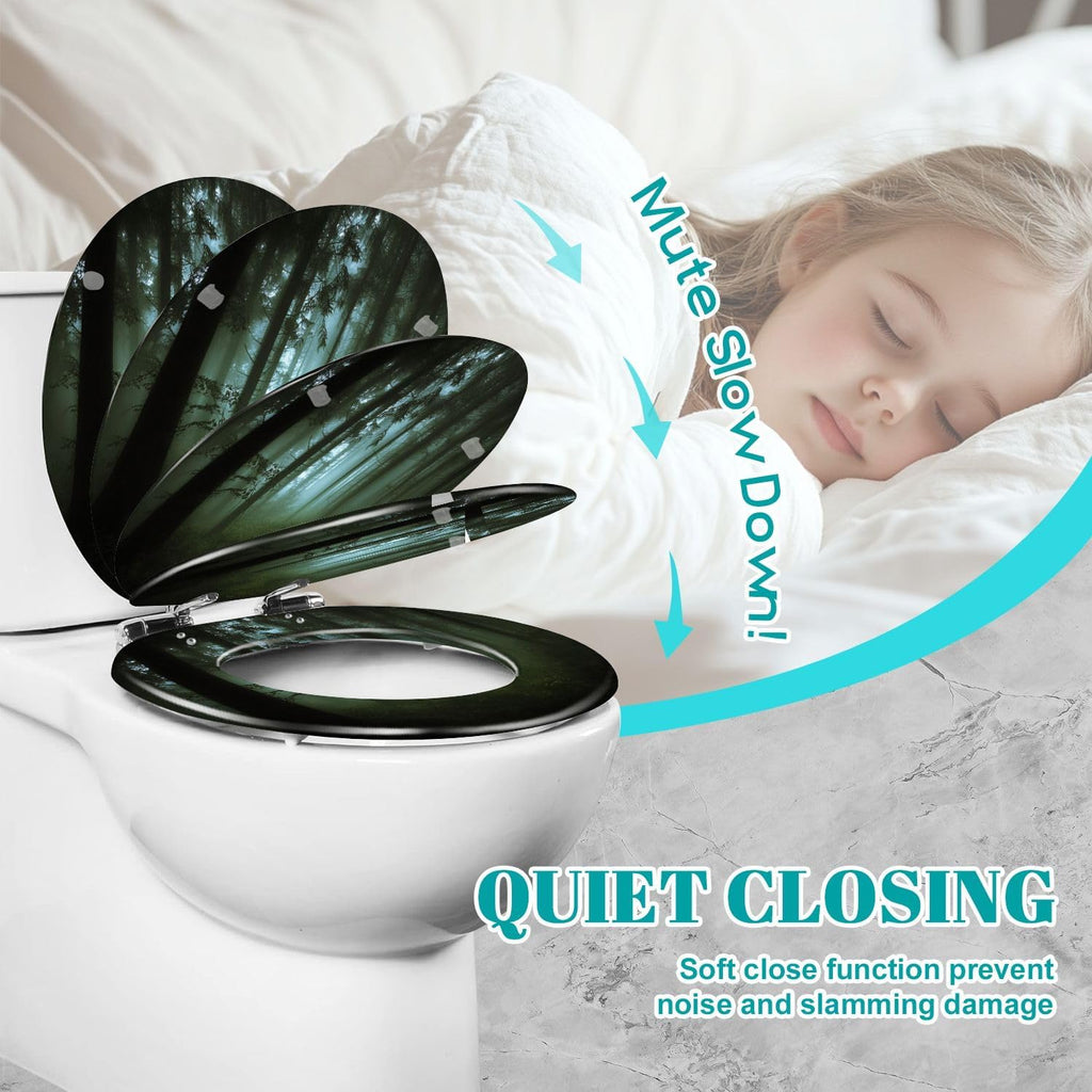 Round Toilet Seat green forest fog morning Resin Toilet Seat Slow Quiet Close Lid with Quick-Release Hinges Cover Bumpers Easy to Clean Install
