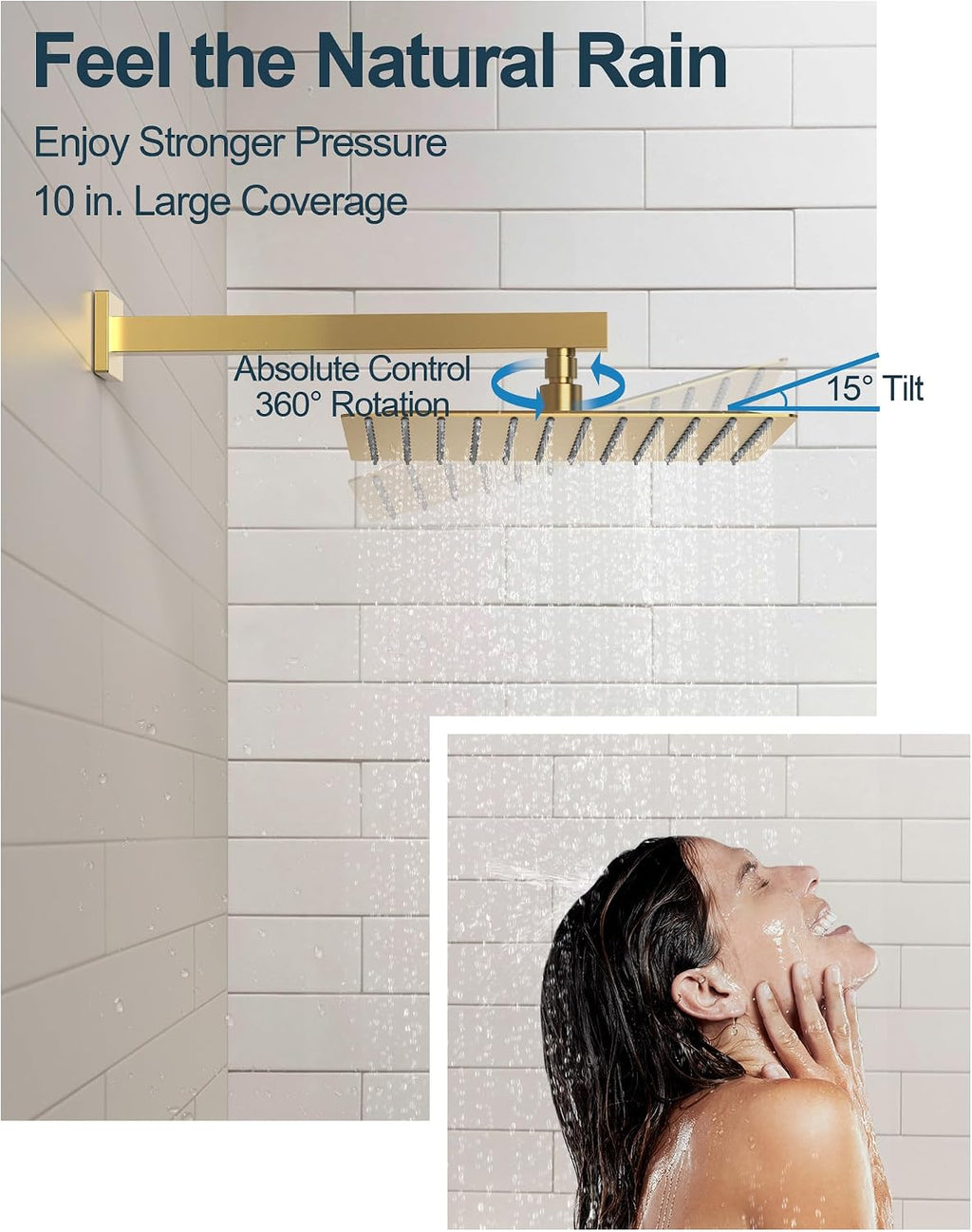 10' Shower Faucet Set with Valve, Wall Mounted Shower Head with High Pressure Handheld Sprayer & Slide Bar, Brushed Gold