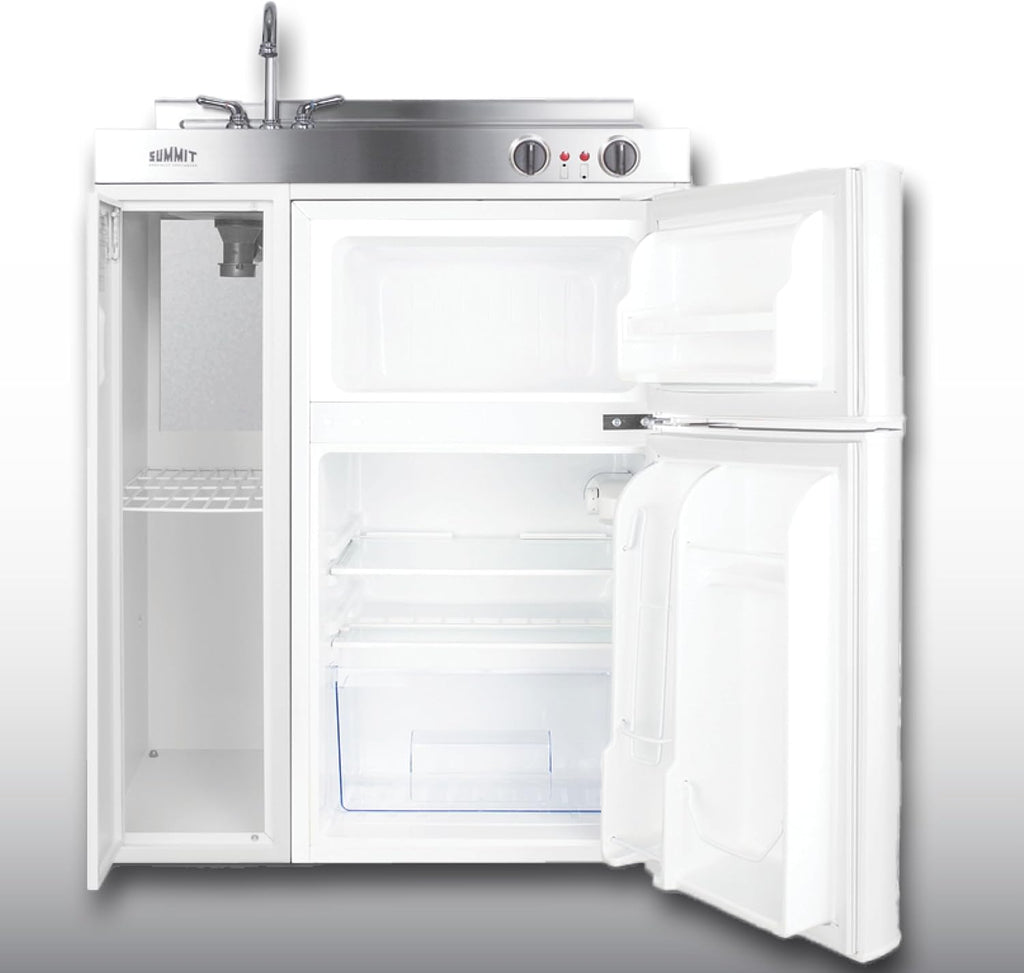 Summit 30' Wide All-In-One Kitchenette, 2-Door Refrigerator-Freezer, 2-Burner Cooktop, Sink, and Storage, White- C30EL