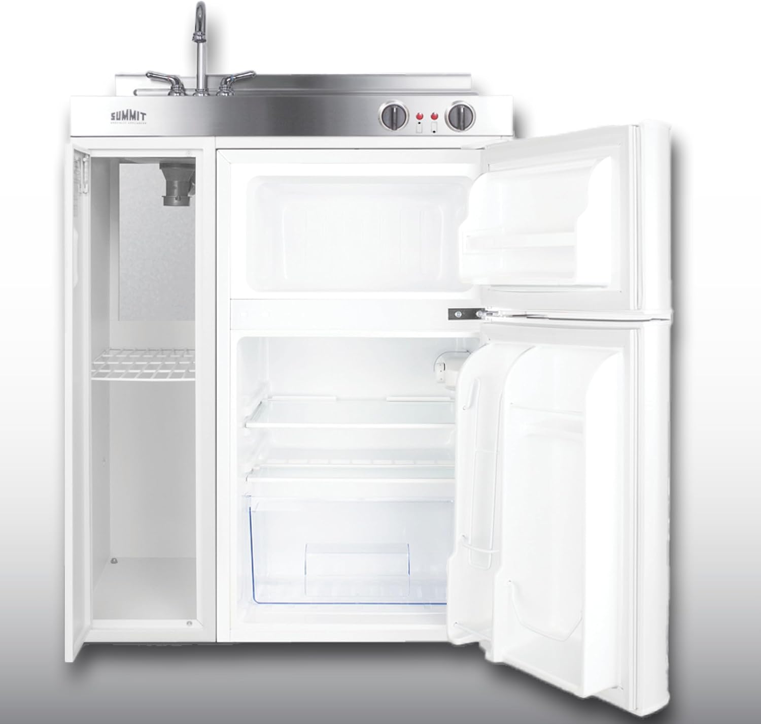 Summit 30' Wide All-In-One Kitchenette, 2-Door Refrigerator-Freezer, 2-Burner Cooktop, Sink, and Storage, White- C30EL