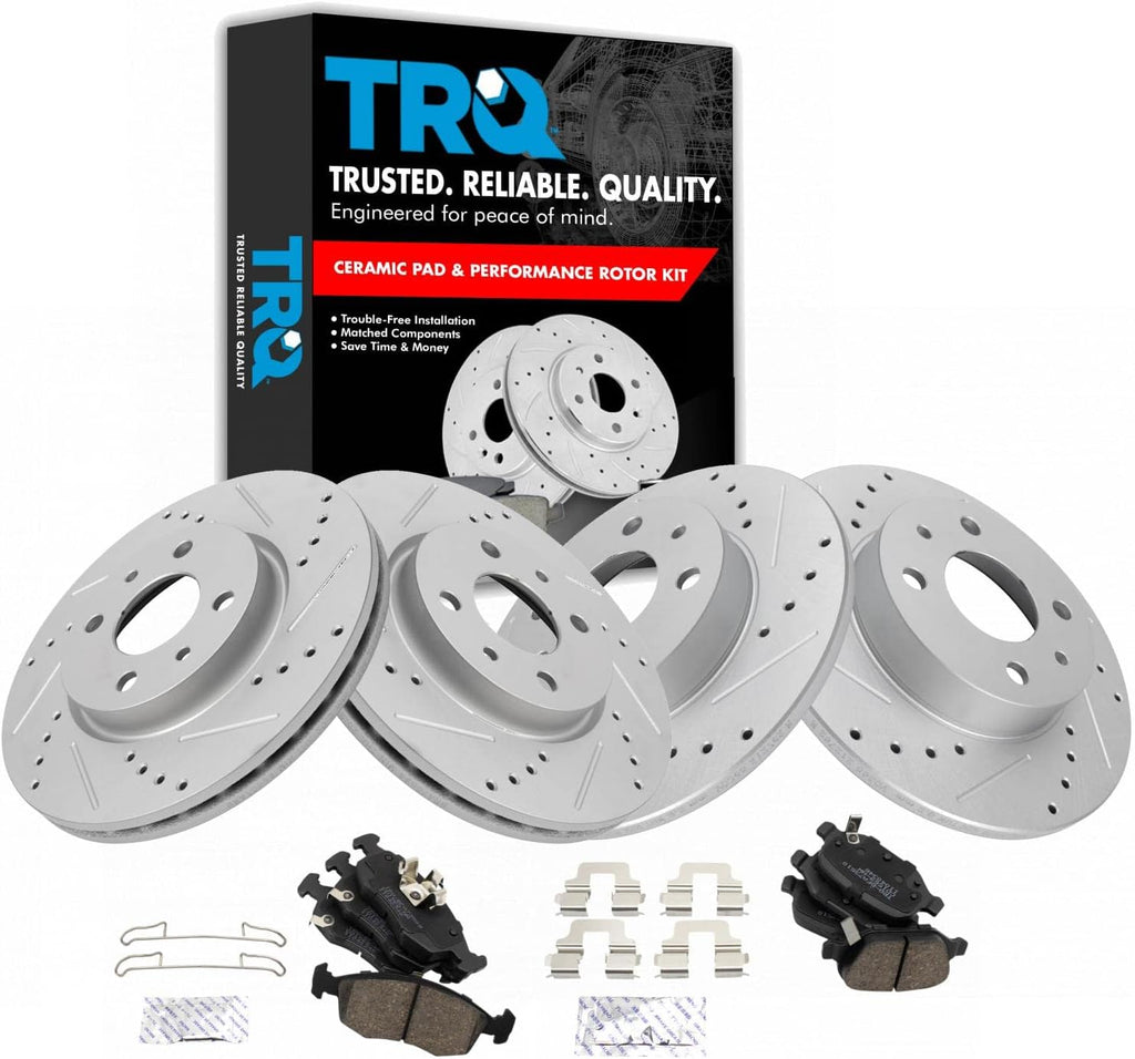 TRQ Performance Front and Rear Brake Pad and Rotor Set Ceramic Coated Drilled Slotted Rotors Compatible with 2012-2017 Fiat 500
