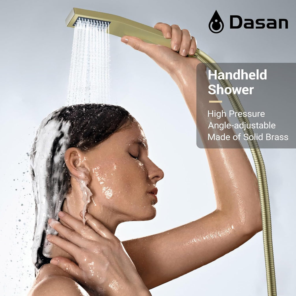 Brushed Gold Shower System with 4 PCS Shower Body Spray Jets & 12'' Ceiling Shower Head & Handheld Spray, DASAN Full Body Shower Faucet System with Jets Rainfall Shower Combo Set, SA-SS03BBG-S12C