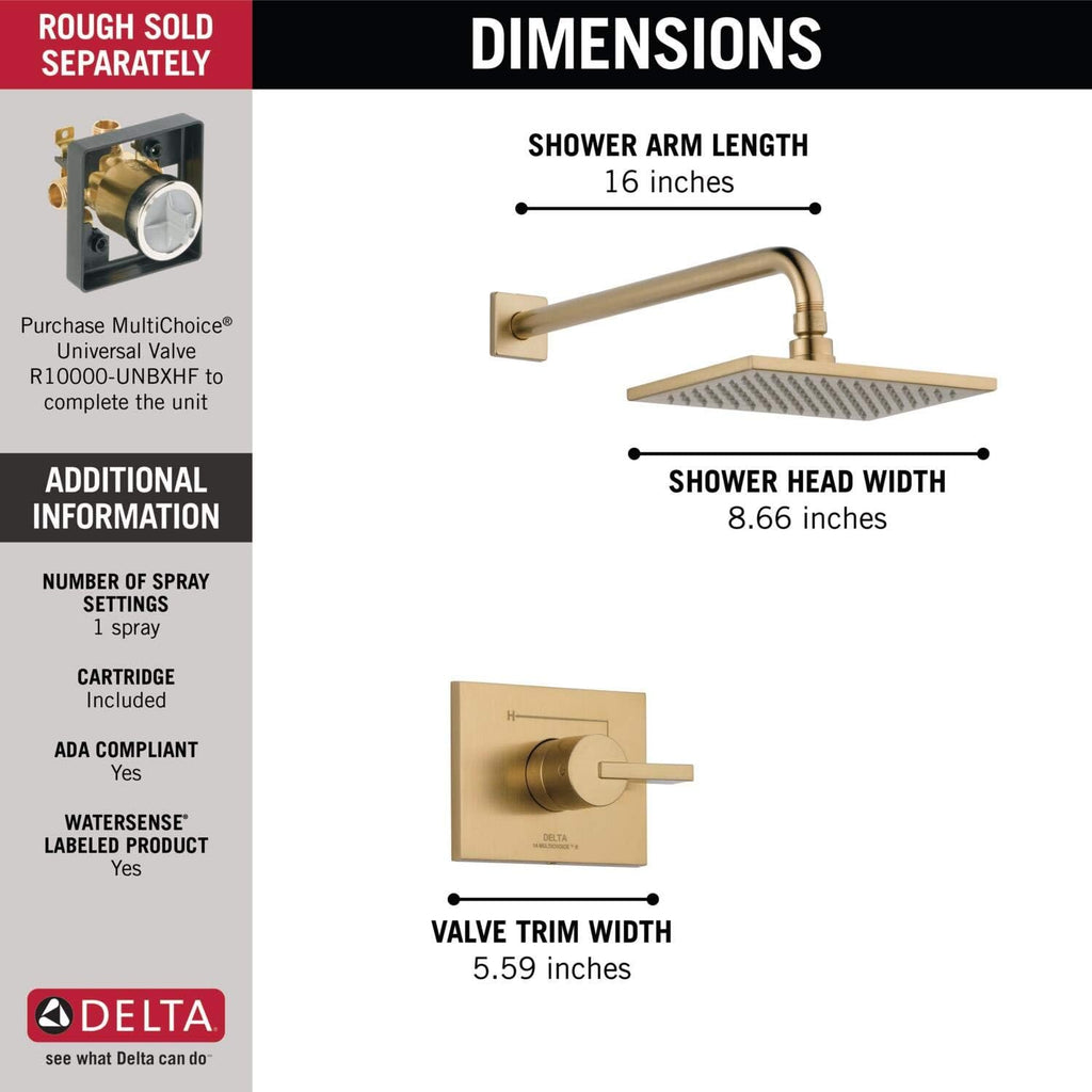 Delta Faucet Vero 14 Series Single-Function Shower Trim Kit with Single-Spray Touch-Clean Rain Shower Head, Champagne Bronze T14253-CZ (Valve Not Included)