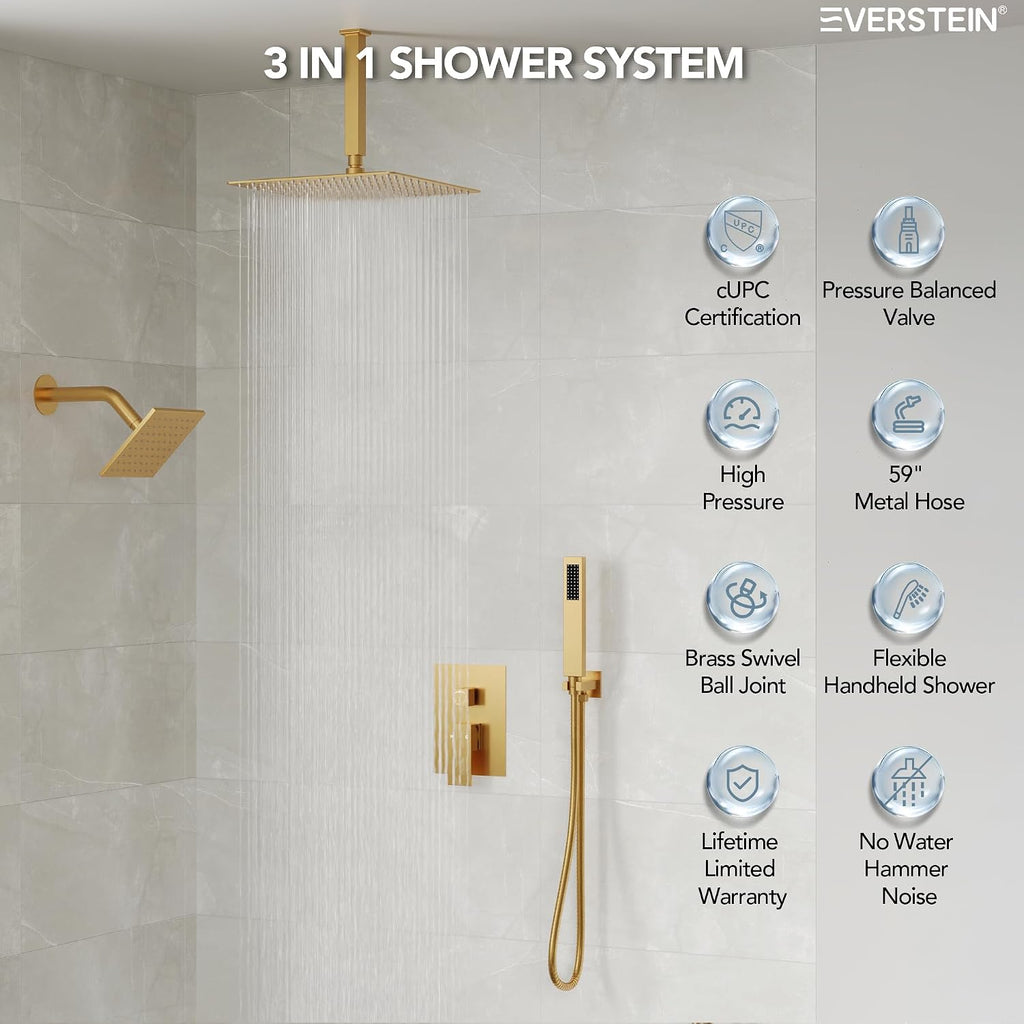 10' High-Pressure Rainfall Shower Faucet, Celling Mount Dual Shower Head System, Brushed Gold