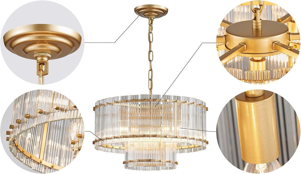 Saint Mossi Drum Glass Chandelier for Dining Room, 7 Light Gold Pendant Chandelier Light Fixture, Doule Layer Design, D18 x H10, Adjustable 59' Chains, Ripple Glass Shade & Gold Finish Metal Frame