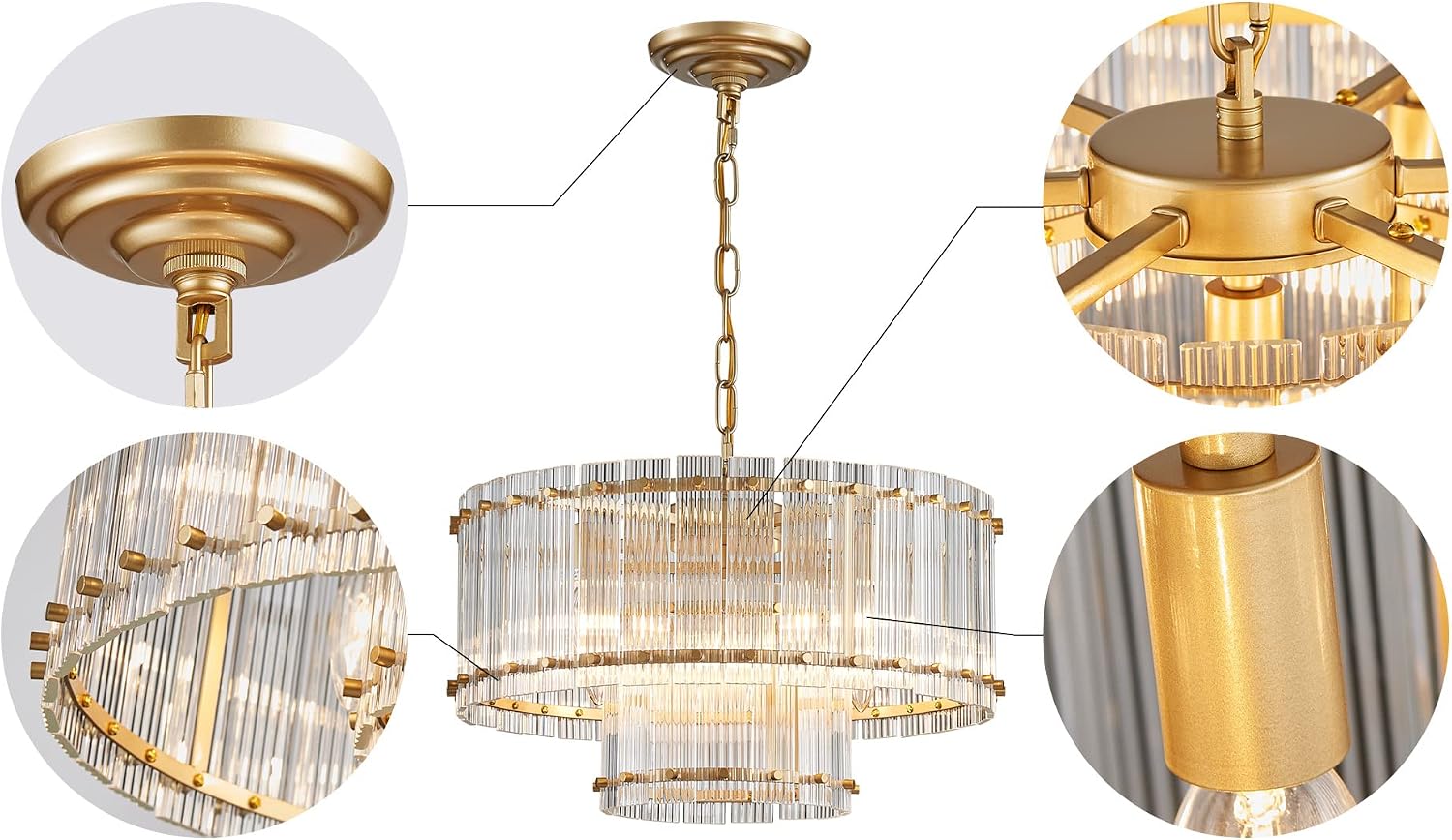 Saint Mossi Drum Glass Chandelier for Dining Room, 7 Light Gold Pendant Chandelier Light Fixture, Doule Layer Design, D18 x H10, Adjustable 59' Chains, Ripple Glass Shade & Gold Finish Metal Frame