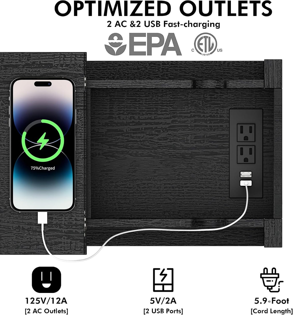 Awescuti Narrow End Table with Charging Station - Farmhouse Slim Side Table Set of 2, w/USB Ports Power Outlets, Nightstand w/Flip Top Storage Drawer, for Small Spaces Living Room Bedroom, Black