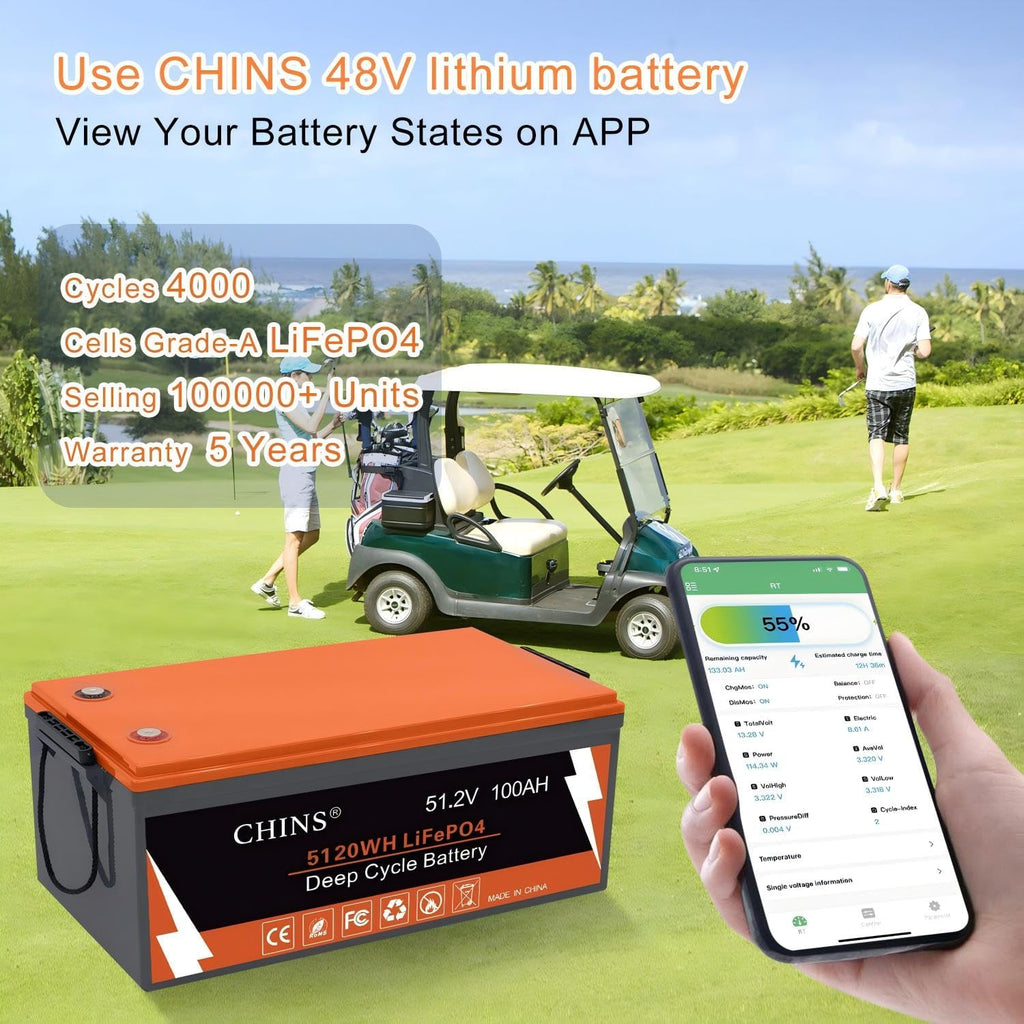 CHINS 48 Volt Lithium Battery for Golf Cart with 18A Charger, 48V Lithium Battery with 200A BMS, LCD & Mobile Monitor, 5.12kWh with 10.24kW Output, 1000A Peak Current for Golf Cart