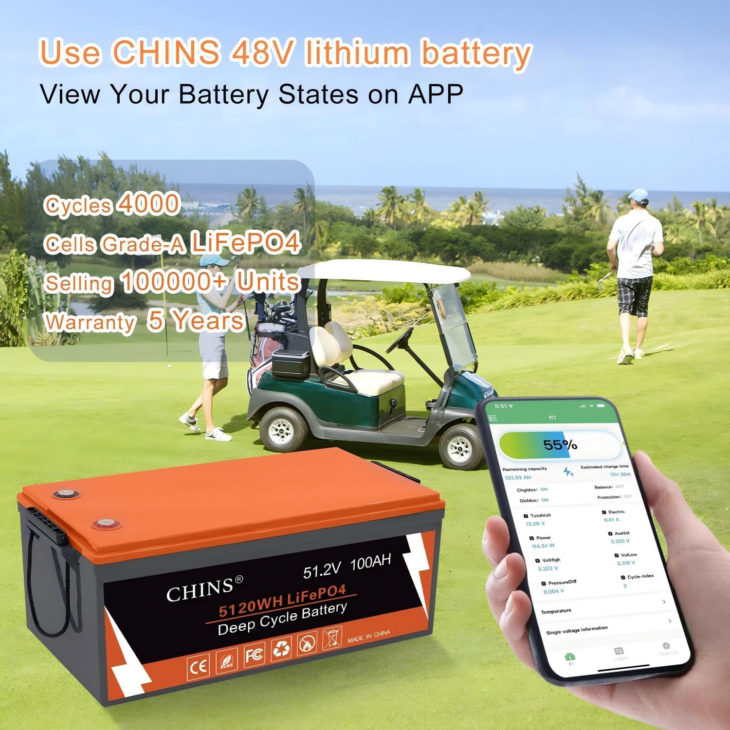 CHINS 48 Volt Lithium Battery for Golf Cart with 18A Charger, 48V Lithium Battery with 200A BMS, LCD & Mobile Monitor, 5.12kWh with 10.24kW Output, 1000A Peak Current for Golf Cart
