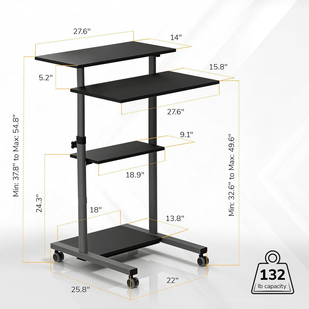 Mount-It! Rolling Desk Adjustable Height up to 54.7', Portable Standing Desk for Laptop or Podium Stand with Wheels, Mobile Roller Presentation Cart, Computer Work Station 27.5' Wide, Locking Wheels