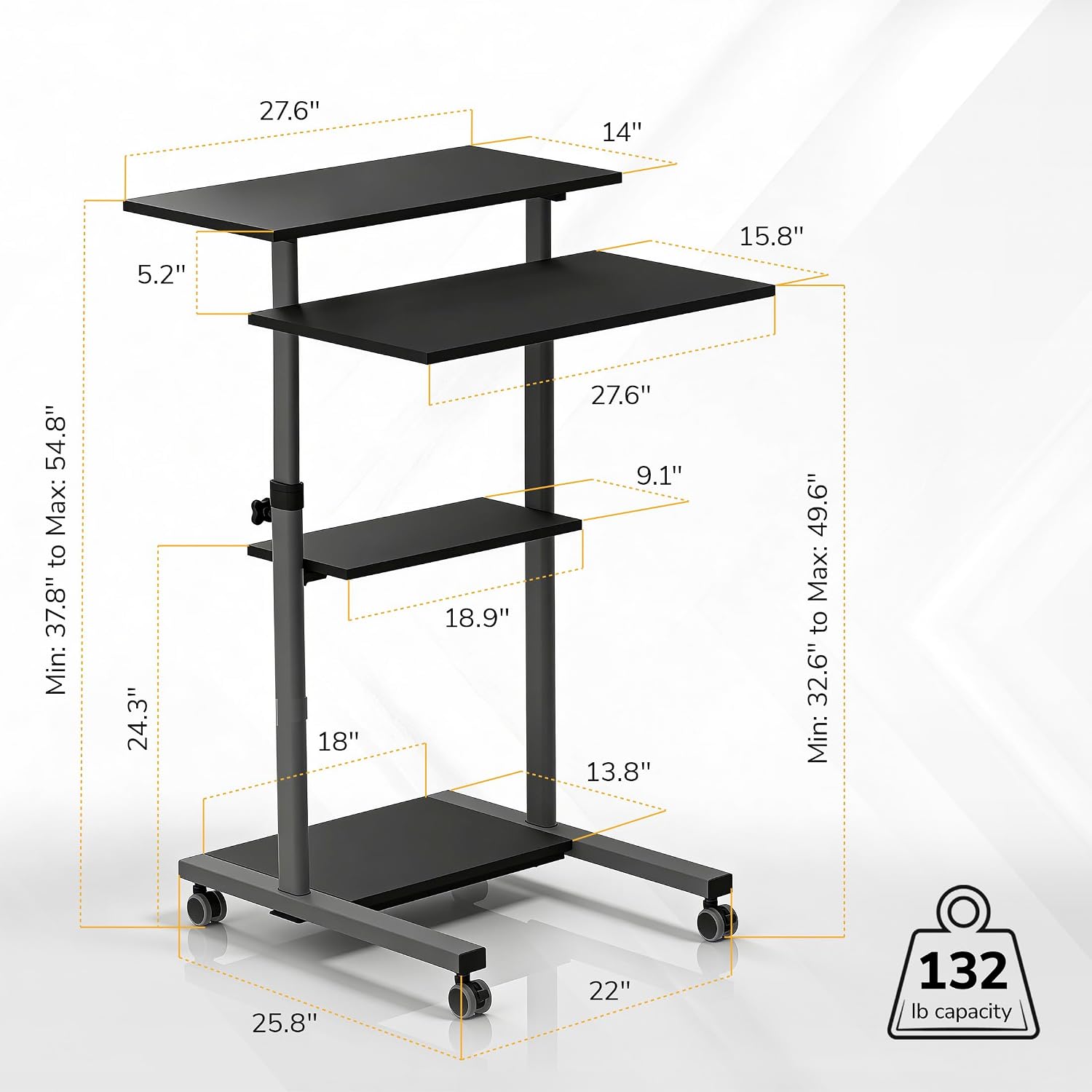 Mount-It! Rolling Desk Adjustable Height up to 54.7', Portable Standing Desk for Laptop or Podium Stand with Wheels, Mobile Roller Presentation Cart, Computer Work Station 27.5' Wide, Locking Wheels