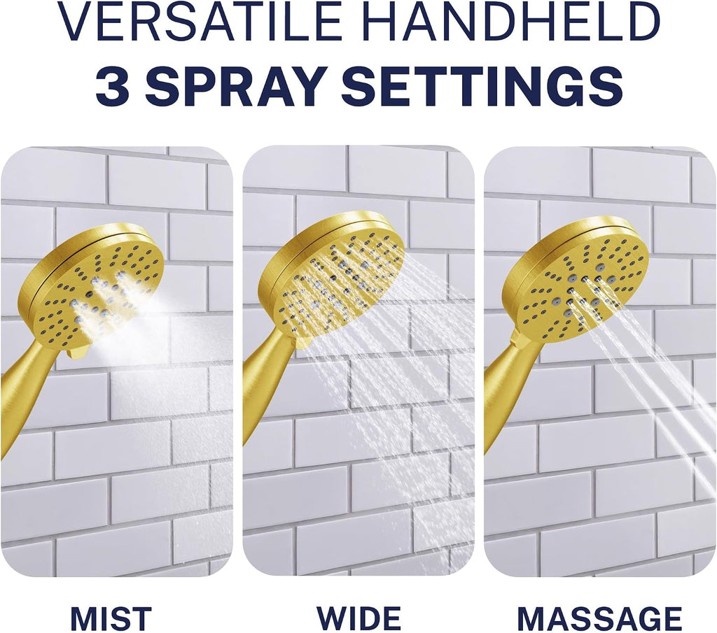 HammerHead Showers Solid Metal 27.5 Inch Shower Slide Bar with 3-Spray Handheld Shower Head with Long Hose and Holder, 1.75 GPM Low Flow Shower Head, Brushed Gold