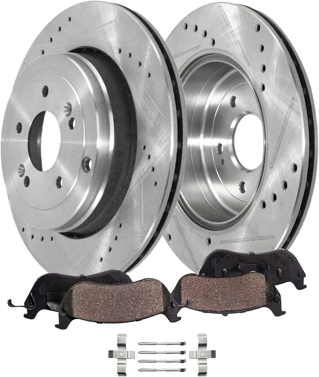 Detroit Axle - Rear Brake Kit for 2010 2011 2012 2013 2014 2015 2016 Hyundai Genesis Coupe, Drilled and Slotted Disc Brake Rotors Ceramic Brakes Pads with Hardware Replacement: 12.99' inch Rotor