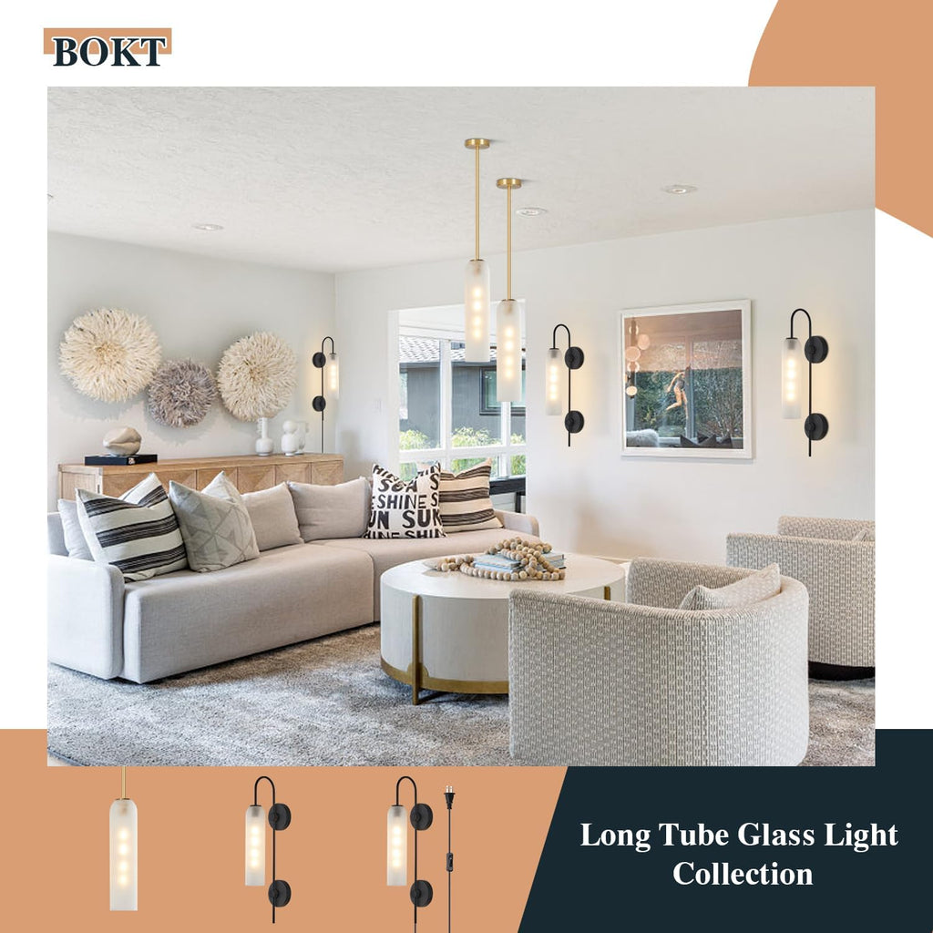 BOKT Black Wall Lights Plug in for Bedroom, Frosted Milky White Glass Wall Sconce Decor, Large Modern Wall Sconces for Living Room