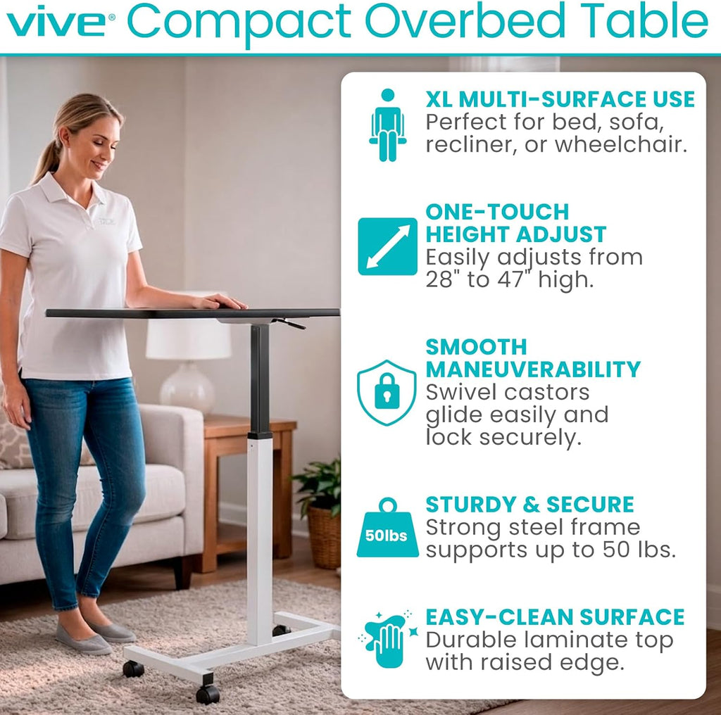 Vive Overbed Table (XL) - Hospital Bed Table - Swivel Wheel Rolling Tray - Adjustable Over Bedside Home Desk - Laptop, Reading, Eating Breakfast Cart Stand - Bedridden, Elderly (Brown)