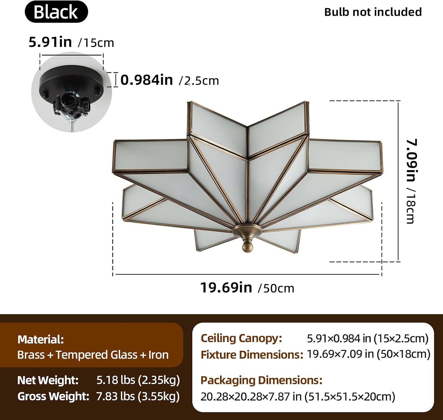 Star Brass Glass Ceiling Light - 19.5 In Black Large Flush Mount Fixture - Art Deco Mid Century Vintage Modern Moravian Lighting Light for Bedroom Dining Kitchen Foyer Farmhouse Living Room