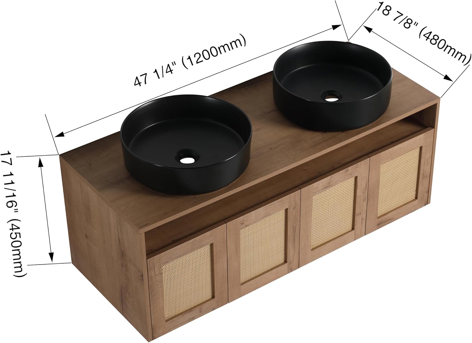 48'' Floating Bathroom Vanity, Double Sink Bathroom Vanity, Black Ceramic Double Vanities Sink for Bathrooms with Soft Close Doors, Modern Bathroom Sink Cabinet, Plywood, Imitative Oak