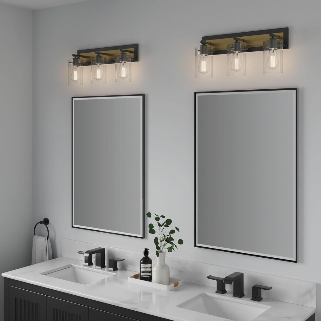 ML Lighting | Gasol Collection | 25003-MB/VB | 3 Light Vanity in Matte Black - Vintage Brass with Clear Ribbed Glass Shade | Versatile Design That adds High-End Texture and Elegance to Your Bathroom
