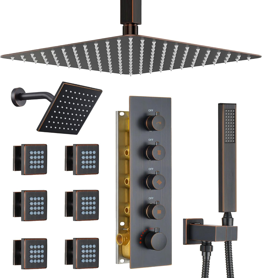 Dasan Thermostatic Dual Shower Head System with 6 Body Jets, 6-Inch Shower & 16' Rainfall Shower, Luxury Oil Rubbed Bronze Shower Faucet Set Tandem Rain Shower Head System for Couples/2-Person