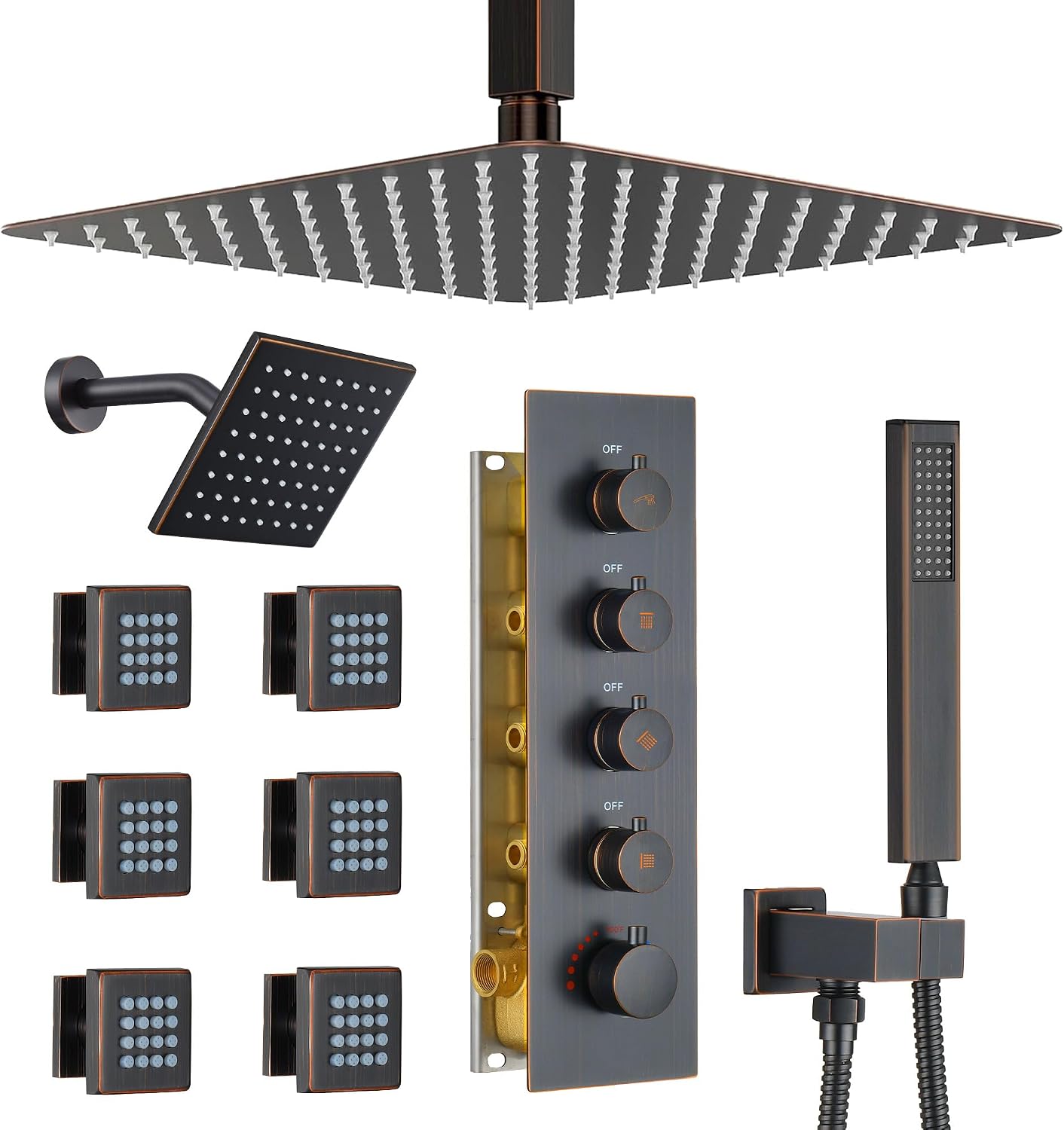 Dasan Thermostatic Dual Shower Head System with 6 Body Jets, 6-Inch Shower & 16' Rainfall Shower, Luxury Oil Rubbed Bronze Shower Faucet Set Tandem Rain Shower Head System for Couples/2-Person
